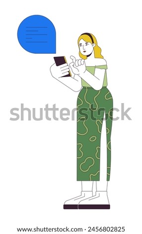 Plus sized caucasian woman using mobile phone 2D linear cartoon character. Curvy female sending message in chat isolated line vector person white background. Body positive color flat spot illustration