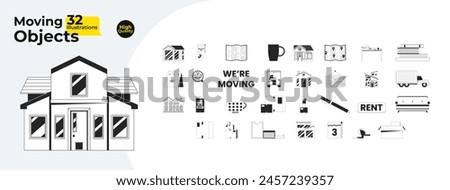 Renting moving in black and white 2D line cartoon objects bundle. Calendar tear off, rental boxes isolated vector outline items collection. Unpacking new home monochromatic flat spot illustrations