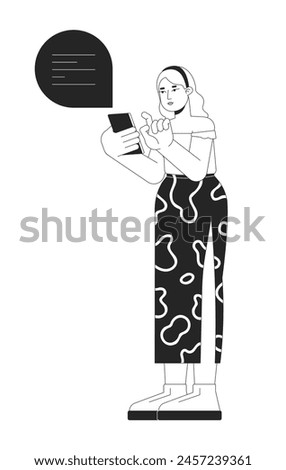 Plus sized woman using mobile phone black and white 2D line cartoon character. Curvy female sending message in chat isolated vector outline person. Body positive monochromatic flat spot illustration
