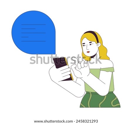 Curvy european woman talking in chat 2D linear cartoon character. Plus sized female using cellphone isolated line vector person white background. Life with obesity color flat spot illustration