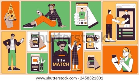 Using gadgets in daily life bento grid illustration set. Booking ticket, order delivery, dating app 2D vector image collage design graphics collection. Diverse users flat characters moodboard layout