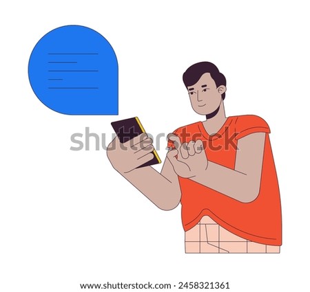 Plus sized hindu man texting 2D linear cartoon character. Obese male using chat on smartphone isolated line vector person white background. Healthy body positive color flat spot illustration