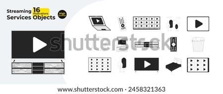 Streaming platform watching black and white 2D line cartoon objects bundle. Movie date night at home isolated vector outline items collection. Gadgets video play monochromatic flat spot illustrations