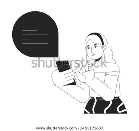 Curvy european woman talking in chat black and white 2D line cartoon character. Plus sized female using cellphone isolated vector outline person. Life with obesity monochromatic flat spot illustration