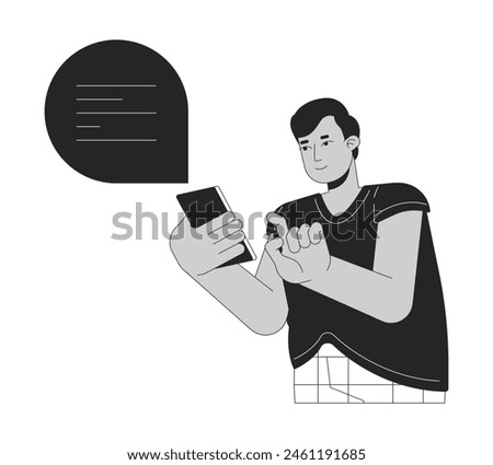 Plus sized hindu man texting black and white 2D line cartoon character. Obese male using chat on smartphone isolated vector outline person. Healthy body positive monochromatic flat spot illustration