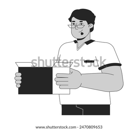 Big boned arab man with box black and white 2D line cartoon character. Middle eastern male holding package isolated vector outline person. Stuff collecting monochromatic flat spot illustration