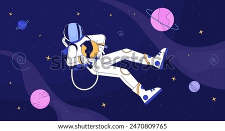 Astronaut in outer space lofi wallpaper. Explorer in protective suit among celestial bodies 2D cartoon flat illustration. Cosmos depth discovering chill vector art, lo fi aesthetic colorful background