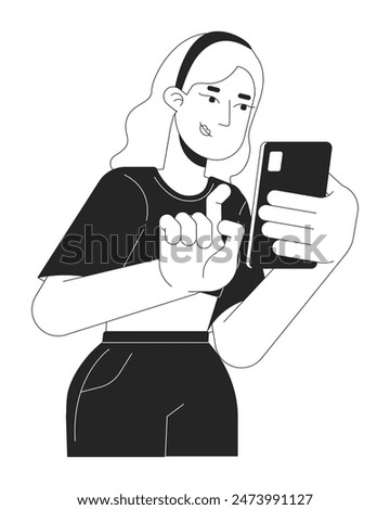 Blonde young woman typing mobile phone black and white 2D line cartoon character. Caucasian female gen z isolated vector outline person. Texting chatting online monochromatic flat spot illustration