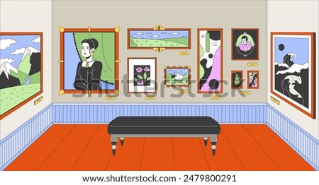 Museum art gallery cartoon flat illustration. Famous paintings on walls 2D line interior colorful background. Exhibit heritage exposition. Artwork exhibition scene vector storytelling image