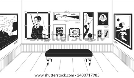 Museum art gallery black and white line illustration. Famous paintings on walls 2D interior monochrome background. Exhibit heritage exposition. Artwork exhibition outline scene vector image