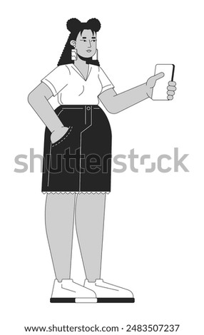 Curvy hispanic woman taking photo with phone black and white 2D line cartoon character. Plus sized latina girl with smartphone isolated vector outline person. Monochromatic flat spot illustration