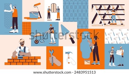 Diverse builders contractors bento grid illustration set. Hardhat wear people 2D vector image collage design graphics collection. Renovation construction workers flat characters moodboard layout