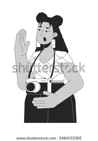 Curvy latina female photographer sightseer black and white 2D line cartoon character. Plus sized woman traveler with camera isolated vector outline person. Tourist monochromatic flat spot illustration