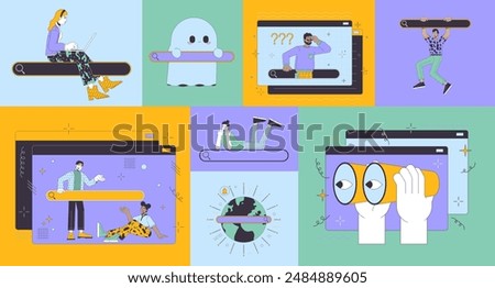 World wide web search bento grid illustration set. Surfing online 2D vector image collage design graphics collection. Multinational people browsing internet flat characters moodboard layout