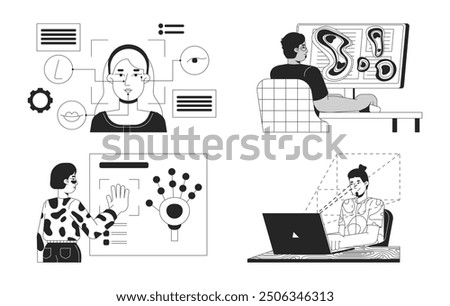 Eye tracking technology biometrics black and white 2D illustration concepts set. Diverse digital citizens outline characters isolated. Face scan, heatmap metaphors monochrome vector art collection