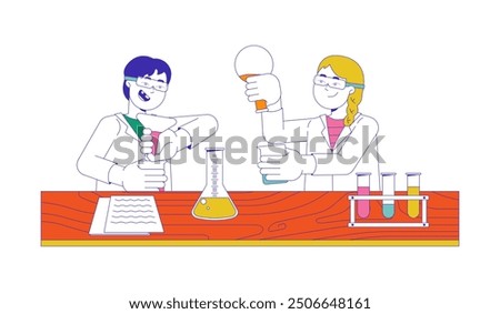 Positive diverse students working in chemical lab 2D cartoon characters. Boy and girl in coats studying chemistry isolated flat vector people white background. Education color spot illustration