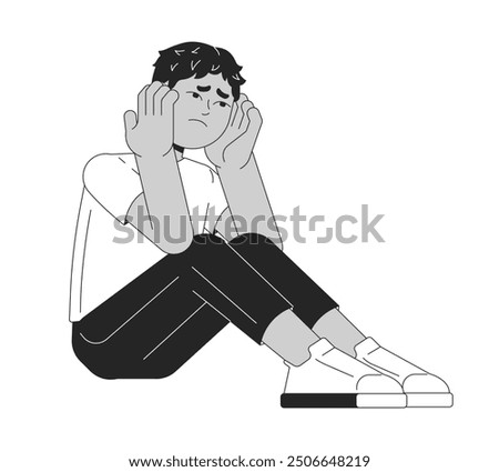 Depressed child indian black and white 2D line cartoon character. Preteen sad asian boy isolated vector outline person. Holding head frustrated kid. Childhood trauma monochromatic spot illustration