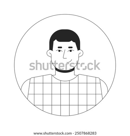 Caucasian plus size man smirking black and white 2D vector avatar illustration. European male short haired outline cartoon character face isolated. Corporate casual flat user profile image portrait