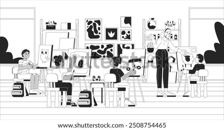 Middle school art class black and white line illustration. Art teacher giving advice to kid about drawing 2D characters monochrome background. Schoolkids painting canvas easel outline vector image