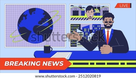 Breaking news anchor flat illustration. Male newscaster talking to reporter 2D character cartoon background. Journalist reporting to anchorman. Broadcasting program TV scene vector storytelling image