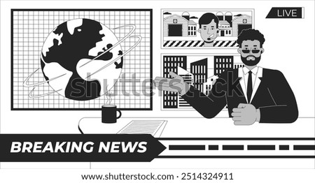 Breaking news anchor black and white line illustration. Male newscaster talking to reporter 2D character monochrome background. Journalist reporting to anchorman. Broadcasting TV outline vector image