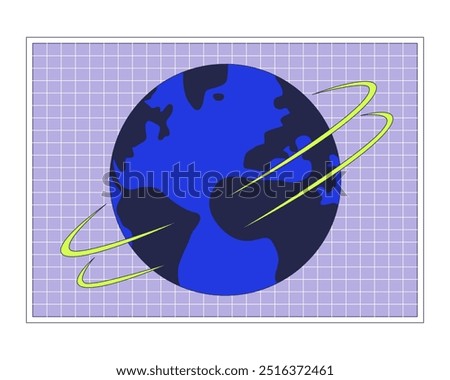 Spinning Earth planet grid 2D cartoon object. World rotation against mesh isolated element flat vector clipart on white background. News global communications. Sphere globe spin. Spot illustration