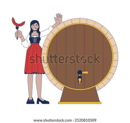 Happy hindu female with grilled sausage near beer barrel 2D cartoon character. South asian female tourist at oktoberfest isolated person flat vector on white background. Spot illustration colorful