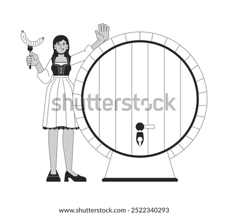 Happy hindu female with grilled sausage near beer barrel black and white 2D line character. South asian female tourist at oktoberfest isolated vector outline person. Monochromatic spot illustration