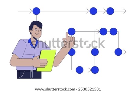 Backend developer roadmap 2D illustration concept. Programmer analyst indian man with clipboard cartoon character isolated on white. Software engineering scheme metaphor abstract flat vector graphic