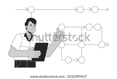 Backend developer roadmap black and white 2D illustration concept. Programmer analyst indian man with clipboard outline character isolated. Software engineering scheme metaphor monochrome vector art