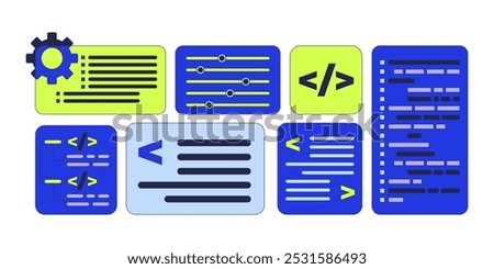 Software development programming interface 2D cartoon objects set. Code visualization. Brackets slash coding isolated elements flat vector cliparts on white background. Spot illustrations collection