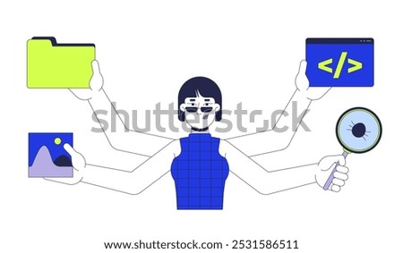 Multitasking woman programmer 2D cartoon character. Managing tasks. Multi hands korean female coding computer engineer isolated person flat vector on white background. Spot illustration colorful