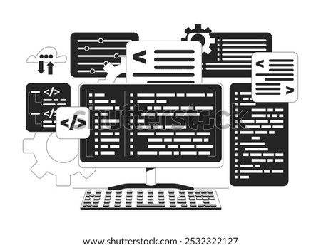 Programming computing black and white 2D line object. Backend program coding development. Computer keyboard with syntax codes isolated clip art vector outline item. Monochromatic spot illustration