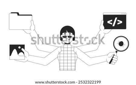 Multitasking woman programmer black and white 2D line character. Managing tasks. Multi hands korean female coding computer engineer isolated vector outline person. Monochromatic spot illustration