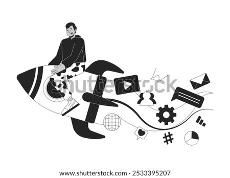 Effective digital marketing strategy black and white 2D illustration concept. Indian man riding rocket outline character isolated. Accelerating business in social media metaphor monochrome vector art