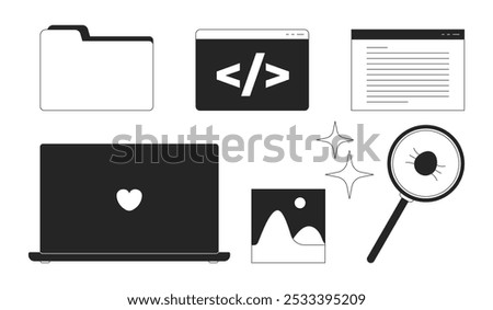 Programming desktop icons black and white 2D line objects set. Angle brackets slash. Bug fix, laptop. Folder document isolated clip arts vector outline items collection. Monochrome spot illustrations