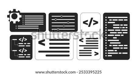 Software development programming interface black and white 2D line objects set. Code visualization. Brackets slash isolated clip arts vector outline items collection. Monochrome spot illustrations