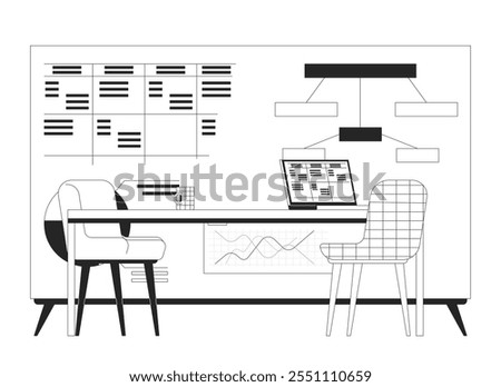 Company strategic planning presentation board table linear illustration. Data table, block diagram, stats charts. Laptop desk chairs 2D line scene isolated on white. Monochrome vector outline image