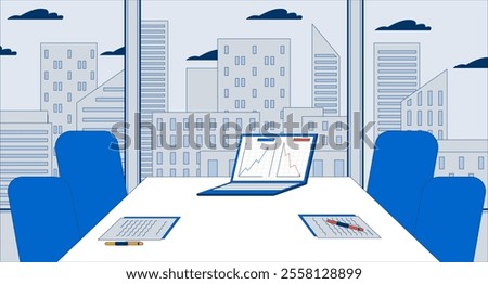 Empty meeting room table charts laptop flat illustration. Company compare revenue notebook desk with chairs 2D interior cartoon background. Skyscrapers windows modern office inside scene vector image