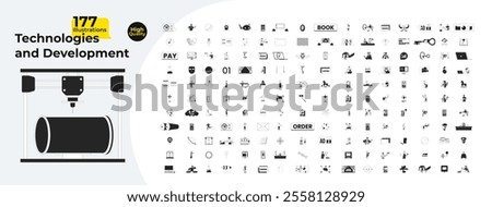 Modern technology outline illustrations mega bundle. 3D printer, cosmos, manufacturing. Digital devices 2D linear images isolated. Robotics, mobile phone app collection black and white vector drawings