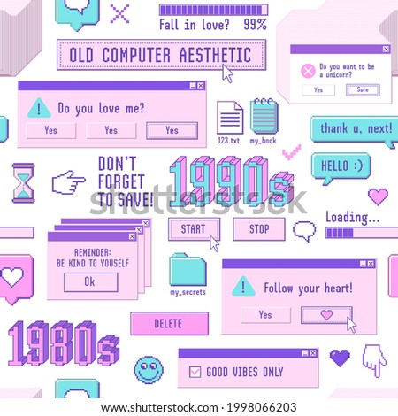 Old computer aestethic. Seamless pattern with retro pc elements, user interface and technology illustration in trendy retrowave style. Nostalgia for 1980s -1990s.