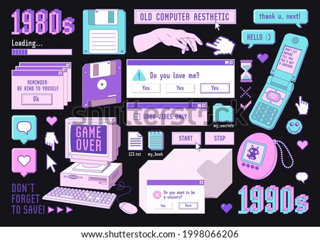 Sticker pack of retro pc elements. Old computer aestethic. Set of user interface elements and technology illustration in trendy retrowave style. Nostalgia for 1980s -1990s.