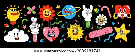 Sticker pack of funny cartoon characters. Vector illustration of comic heart, sun, planet, berry, abstract faces etc. Big set of comic elements in trendy retro cartoon style.