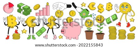 Financial literacy. Money, finance, business, investment sticker pack with funny cartoon abstract characters. Big vector set of comic elements in trendy cartoon weird style.