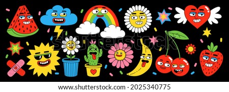 Sticker pack of funny cartoon characters. Vector illustration of comic heart, sun, fruits, berry, rainbow, clouds, flower, abstract faces etc. Big set of comic elements in trendy retro cartoon style.