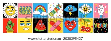 Funny cartoon characters. Sticker pack, square posters, prints. Vector illustration of flower, heart, berries, fruits, rainbow, clouds and words. Set of comic elements in trendy retro cartoon style.