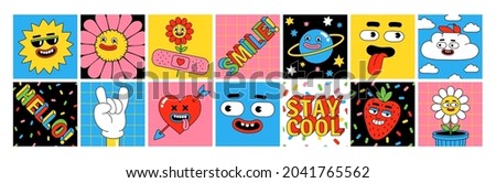 Funny cartoon characters. Sticker pack, square posters, prints. Vector illustration of flower, sun, heart, berries, planet, clouds and words. Set of comic elements in trendy retro cartoon style.