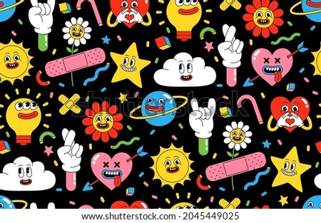 Cartoon characters background. Funny stickers and patches. Seamless vector pattern with comic heart, sun, planet, berry, abstract faces and elements in trendy retro cartoon style.