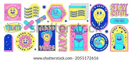 Sticker pack of funny cartoon characters, greek ancient statues, Earth, planet and surreal elements. Vector illustration. Big set of comic elements in trendy psychedelic weird cartoon style.