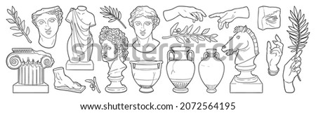 Greek ancient sculpture set. Vector hand drawn illustrations of antique classic statues in modern style. Ink black and white art. Heads, horse, branch, vase, column, amphora, hands, body.